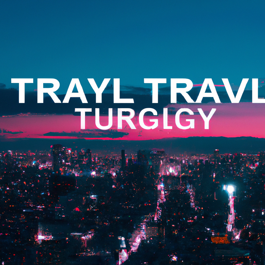 Neon city skyline with travelers and neon route lines